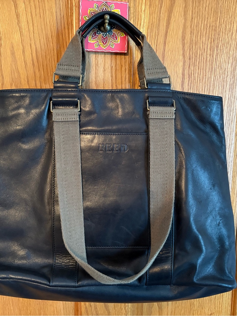 Feed Bag Black Leather Tote Bag with Olive Green Straps